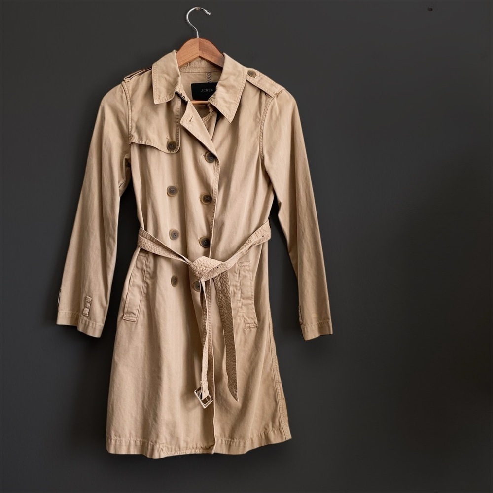 JCrew Icon Trench Coat Classic Tan Camel Preppy Mid-Length Double Breasted Sz 2 - Picture 3 of 12